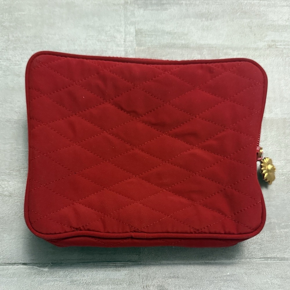 Vintage Cacharel Cosmetic Pouch Makeup Bag Red Quilted Gold‎ Sun Button & Zipper - Picture 2 of 10